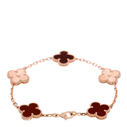 Van Cleef & Arpels 18K Rose Gold Carnelian 5 Motifs Guilloche Vintage Alhambra Bracelet 2 of 6