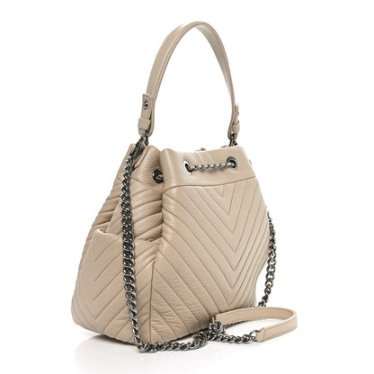 Chanel Deerskin Chevron Medium CC Chain Bucket Drawstring Bag Beige 3 of 10