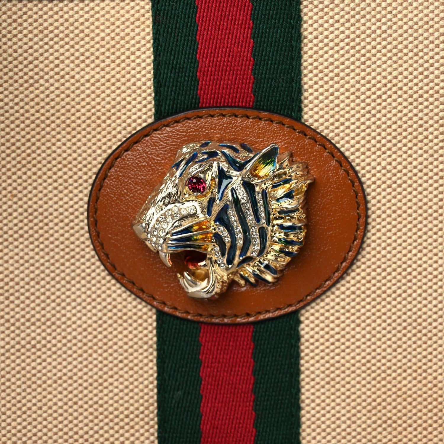 Gucci Vintage Canvas Calfskin Web Large Rajah Chain Tote Sand Light Cuir 8 of 12