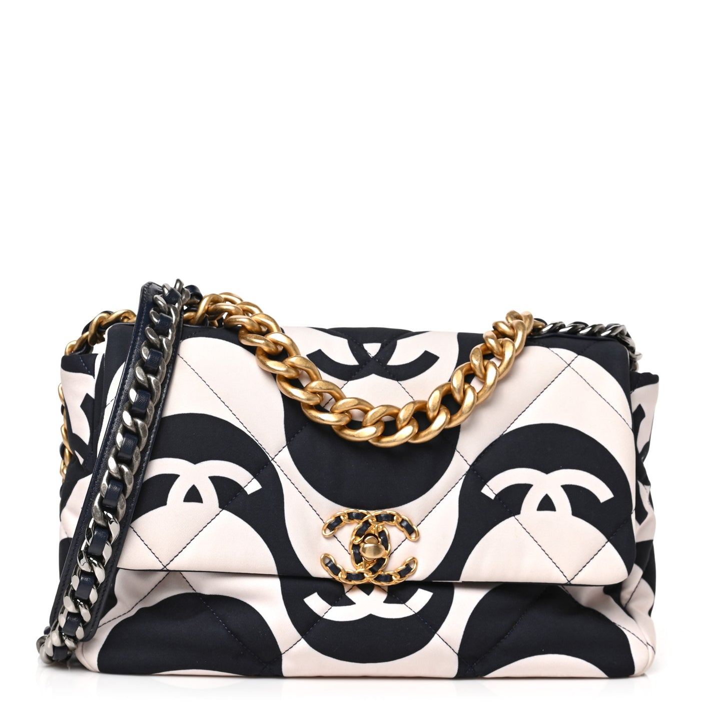 Fabric Printed Large Chanel 19 Flap Black Ecru