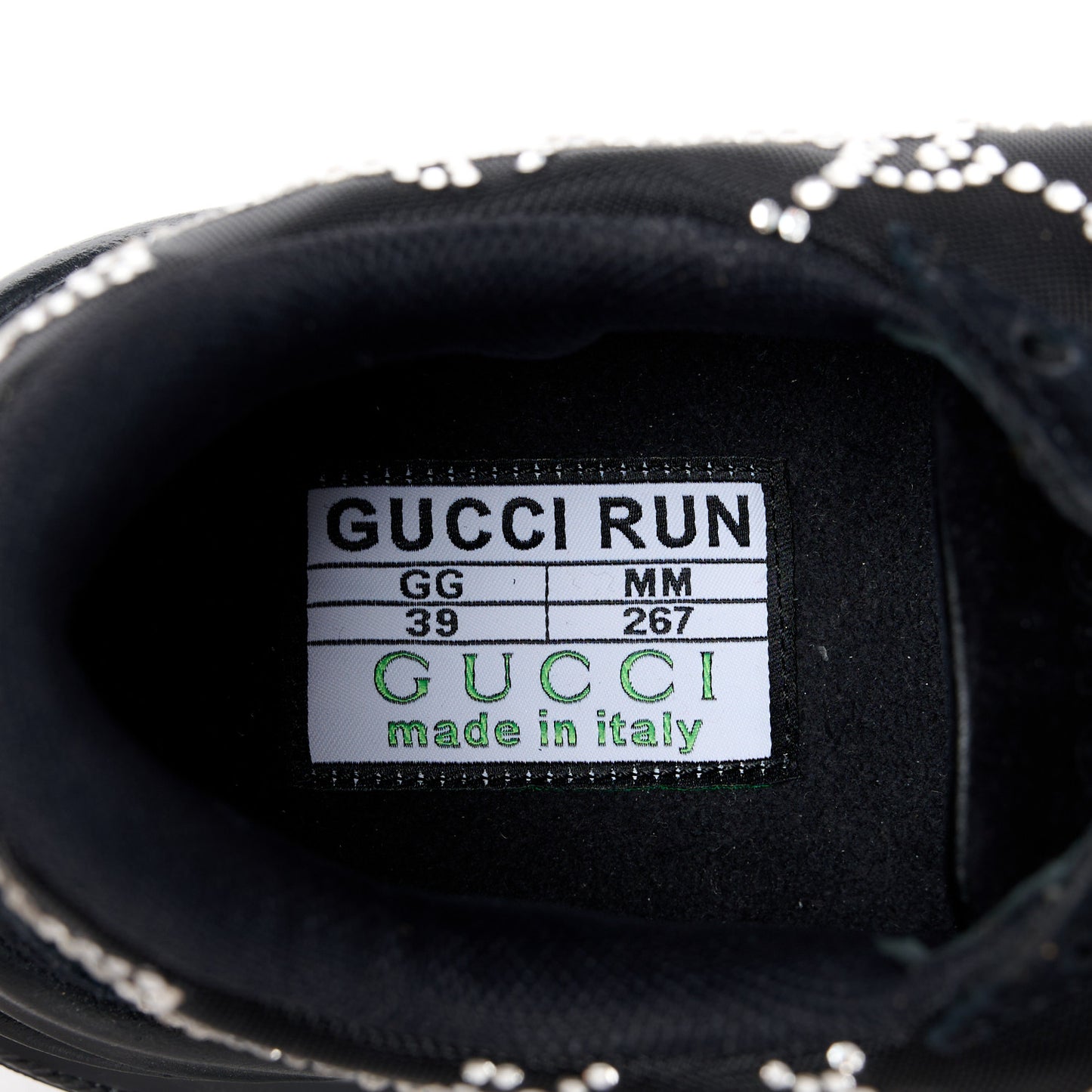 Tela Retino Mesh Crystal Suede GG Monogram Womens Gucci Run Sneakers 39 Black Silver