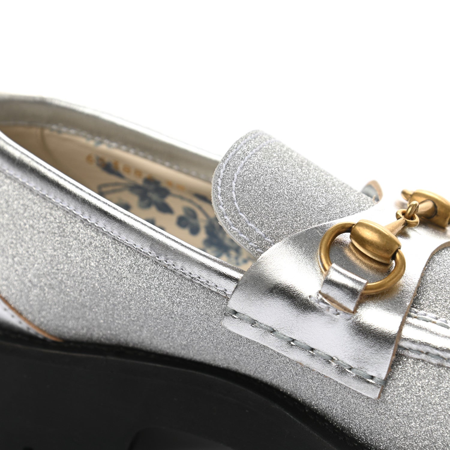 Gucci Mini Diamond Storm Silk Calfskin Womens Harald Horsebit 25mm Platform Loafers 38 Silver 11 of 12