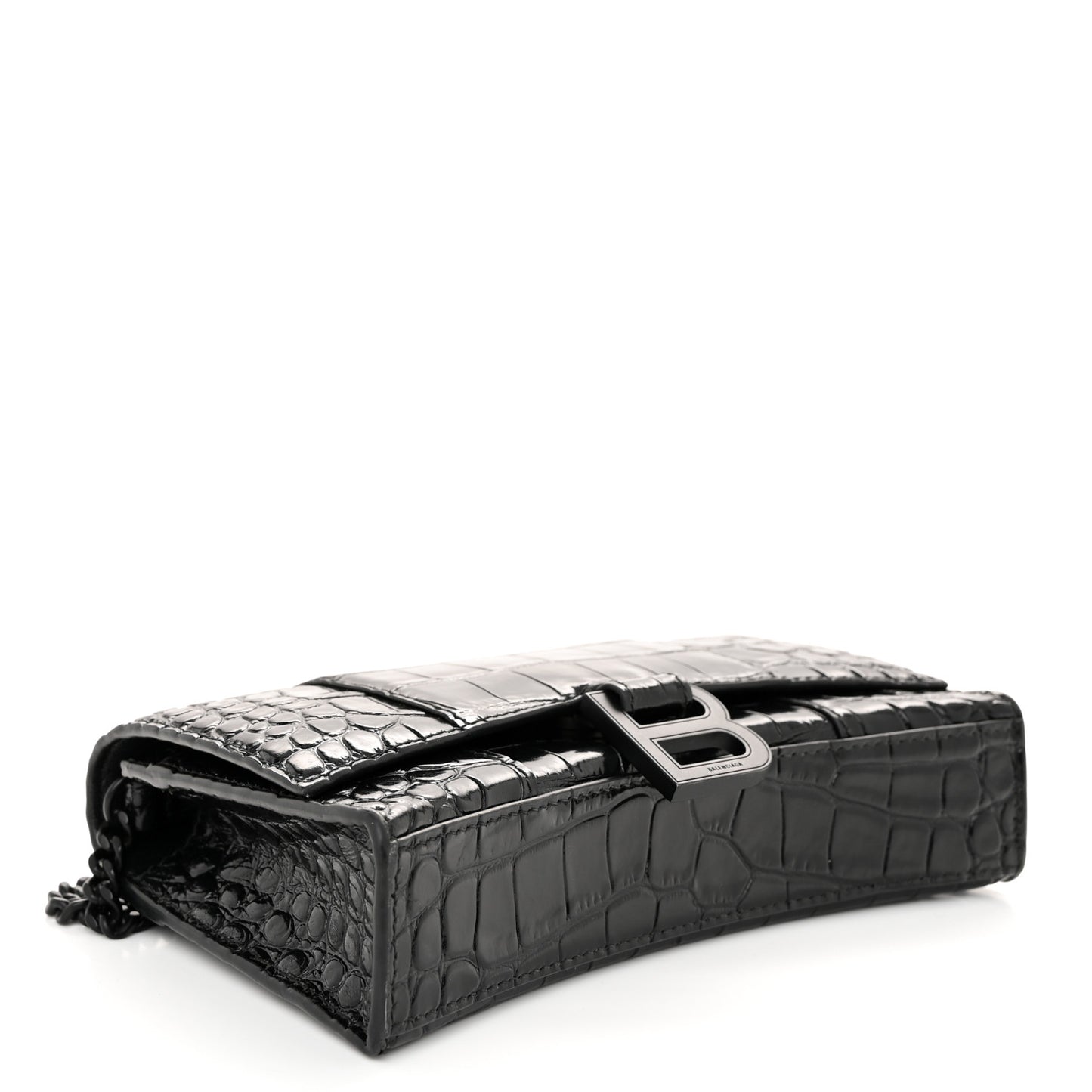 Shiny Calfskin Monochrome Crocodile Embossed Hourglass Chain Bag Black
