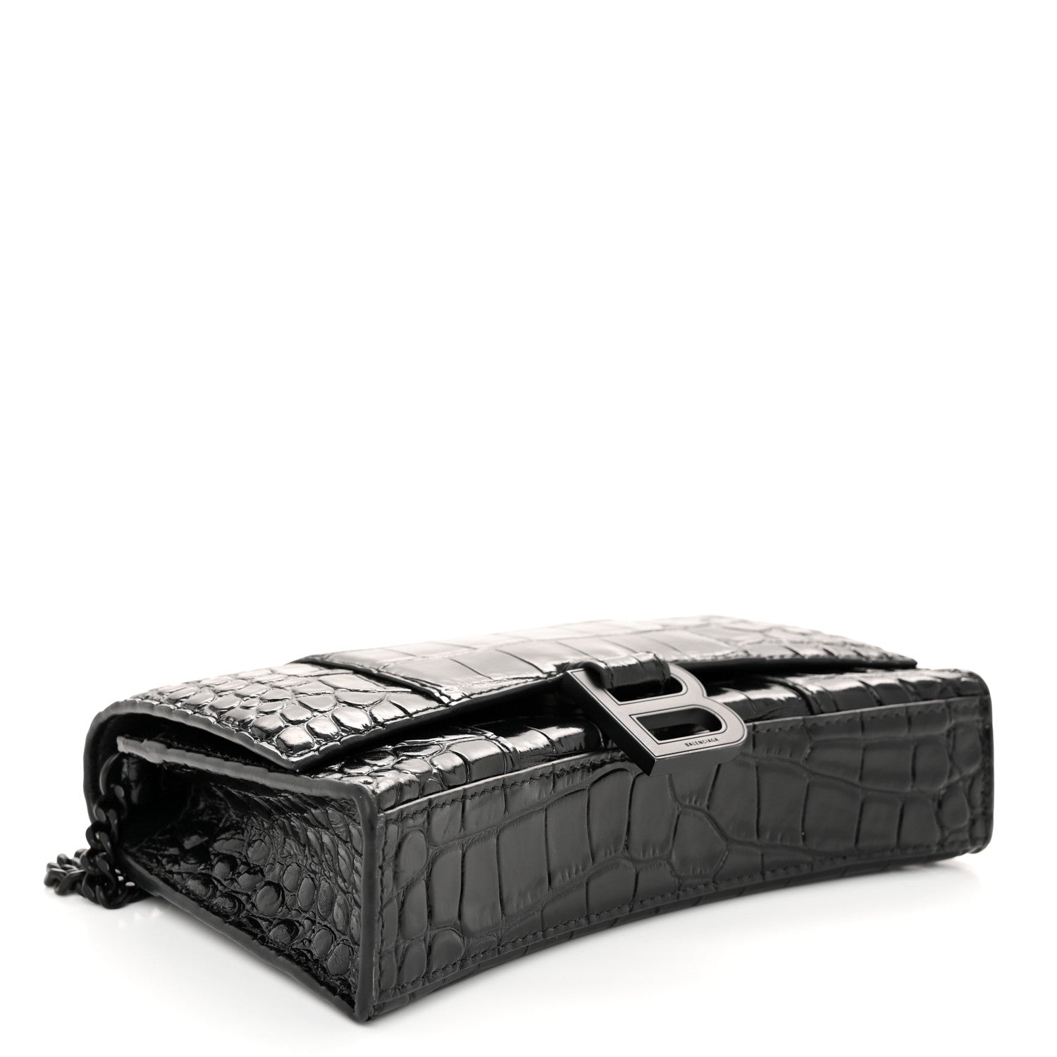 Balenciaga Shiny Calfskin Monochrome Crocodile Embossed Hourglass Chain Bag Black 4 of 9