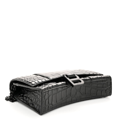 Balenciaga Shiny Calfskin Monochrome Crocodile Embossed Hourglass Chain Bag Black 4 of 9
