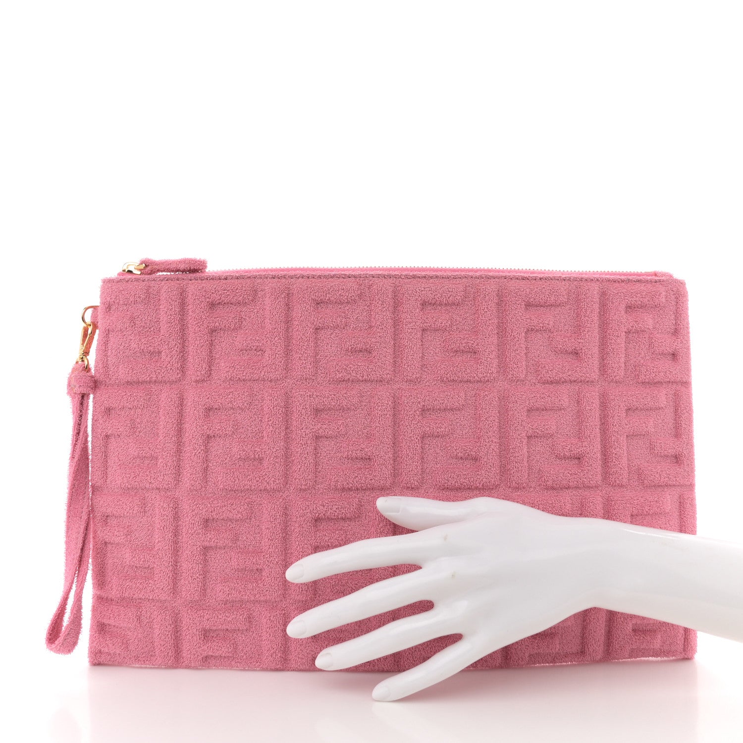 Fendi Terry Cloth Vitello Century Matte FF 1974 Embossed Large Flat Pouch Lollypop 2 of 7