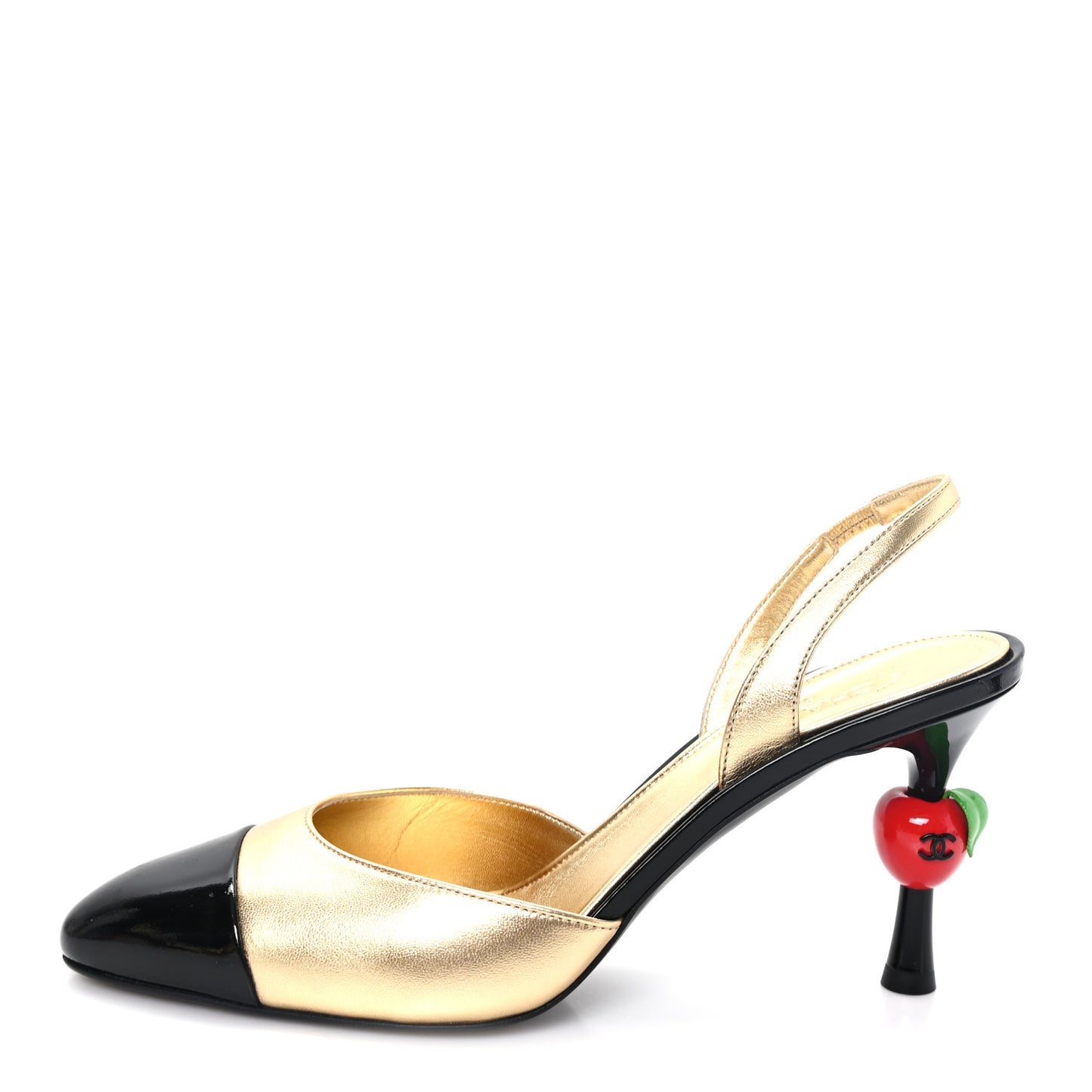 Laminated Lambskin Patent Cap Toe CC Apple Slingback Pumps 40 Gold Black