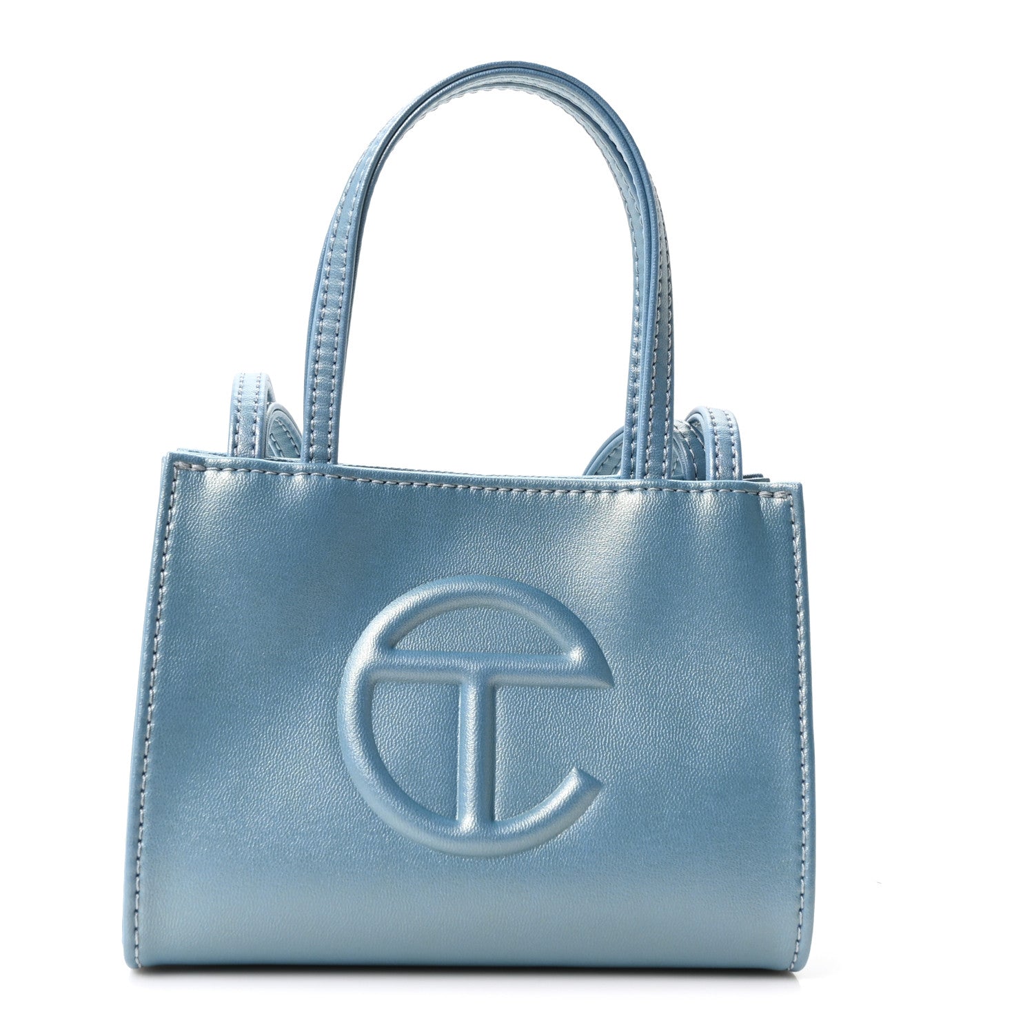 Telfar Metallic Vegan Leather Small Shopping Bag Blue Ray 1 of 10