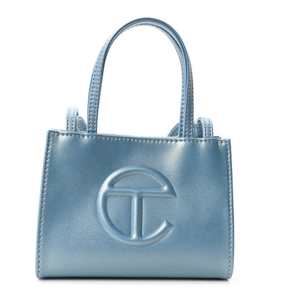 Telfar Metallic Vegan Leather Small Shopping Bag Blue Ray 1 of 10