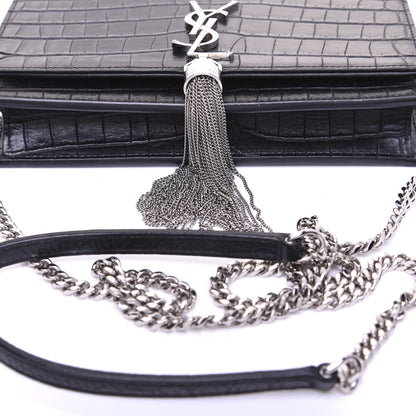 Saint Laurent Calfskin Crocodile Embossed Kate Monogram Tassel Chain Wallet Black 14 of 17