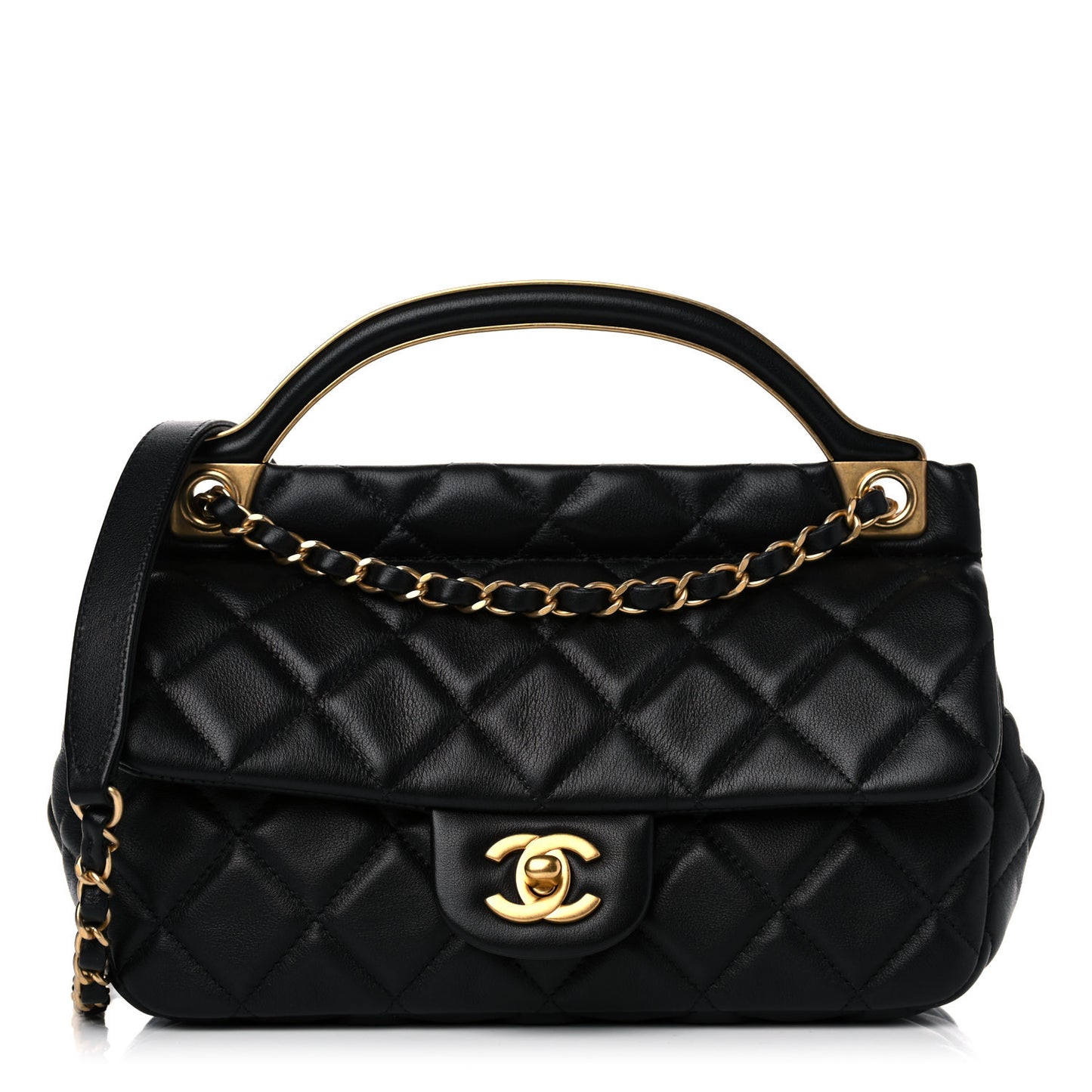 Calfskin Quilted Small Lady Handle Clutch With Chain Black