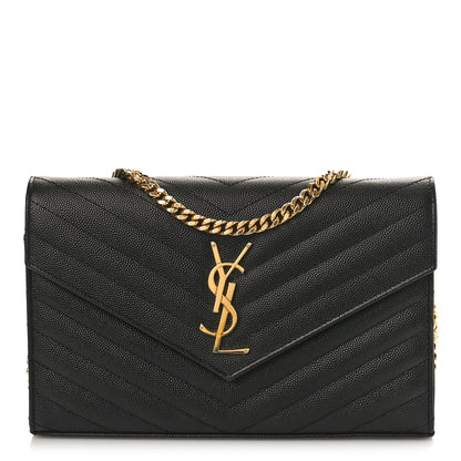 Saint Laurent Grain De Poudre Matelasse Chevron Monogram Chain Wallet Black 1 of 9