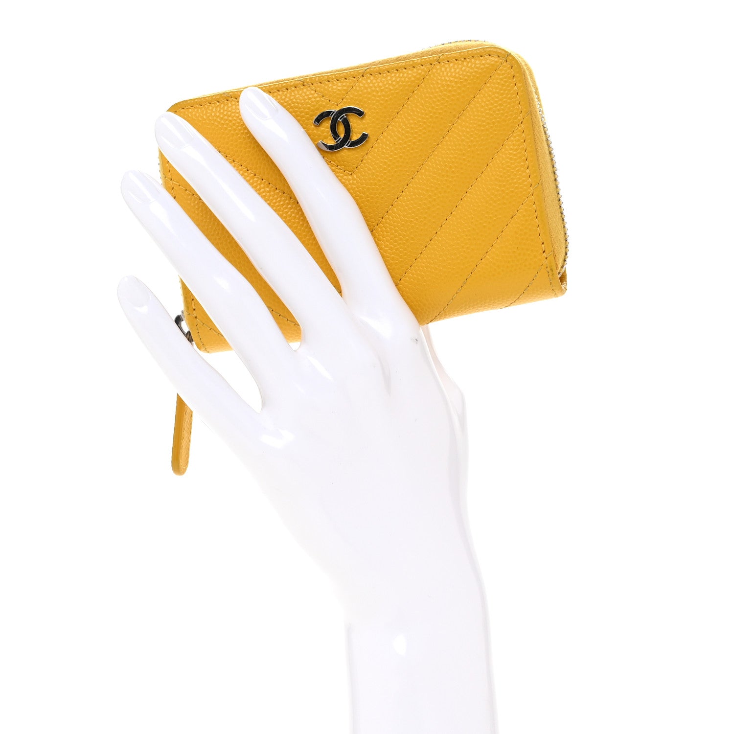 Chanel Caviar Chevron Quilted Zip Coin Purse Yellow 2 of 9