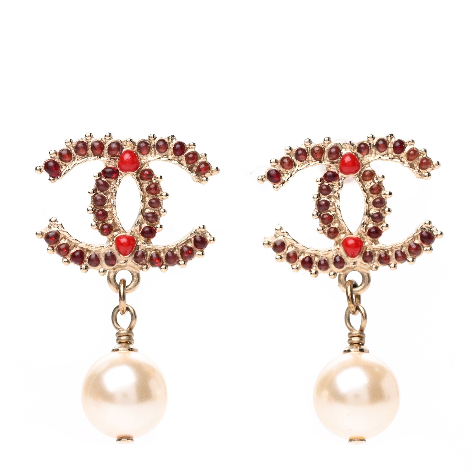 Chanel Gripoix Pearl Drop Earrings Gold Red 1 of 4