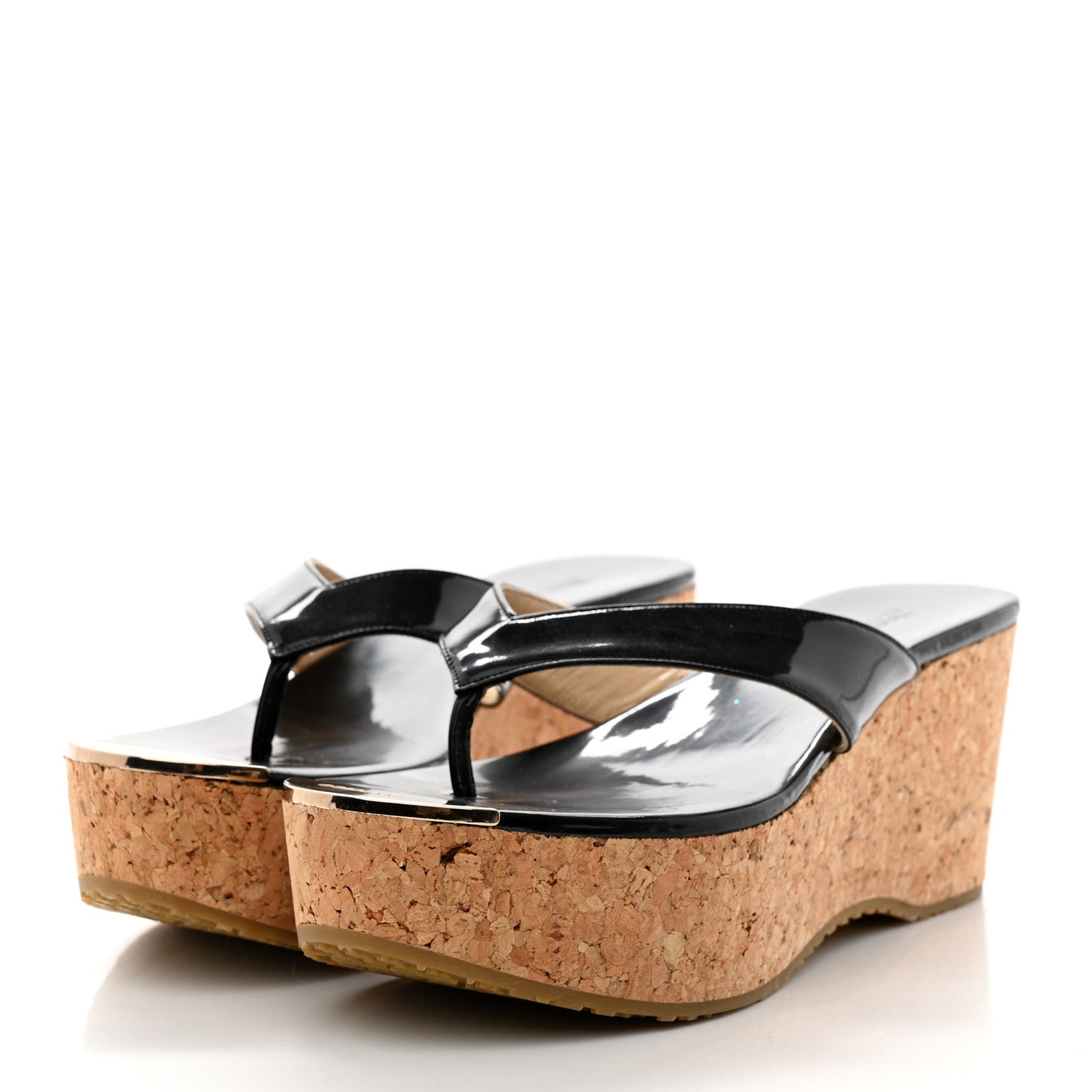 Jimmy Choo Patent Thong Platform Wedge Slide Sandals 37.5 Black 3 of 9