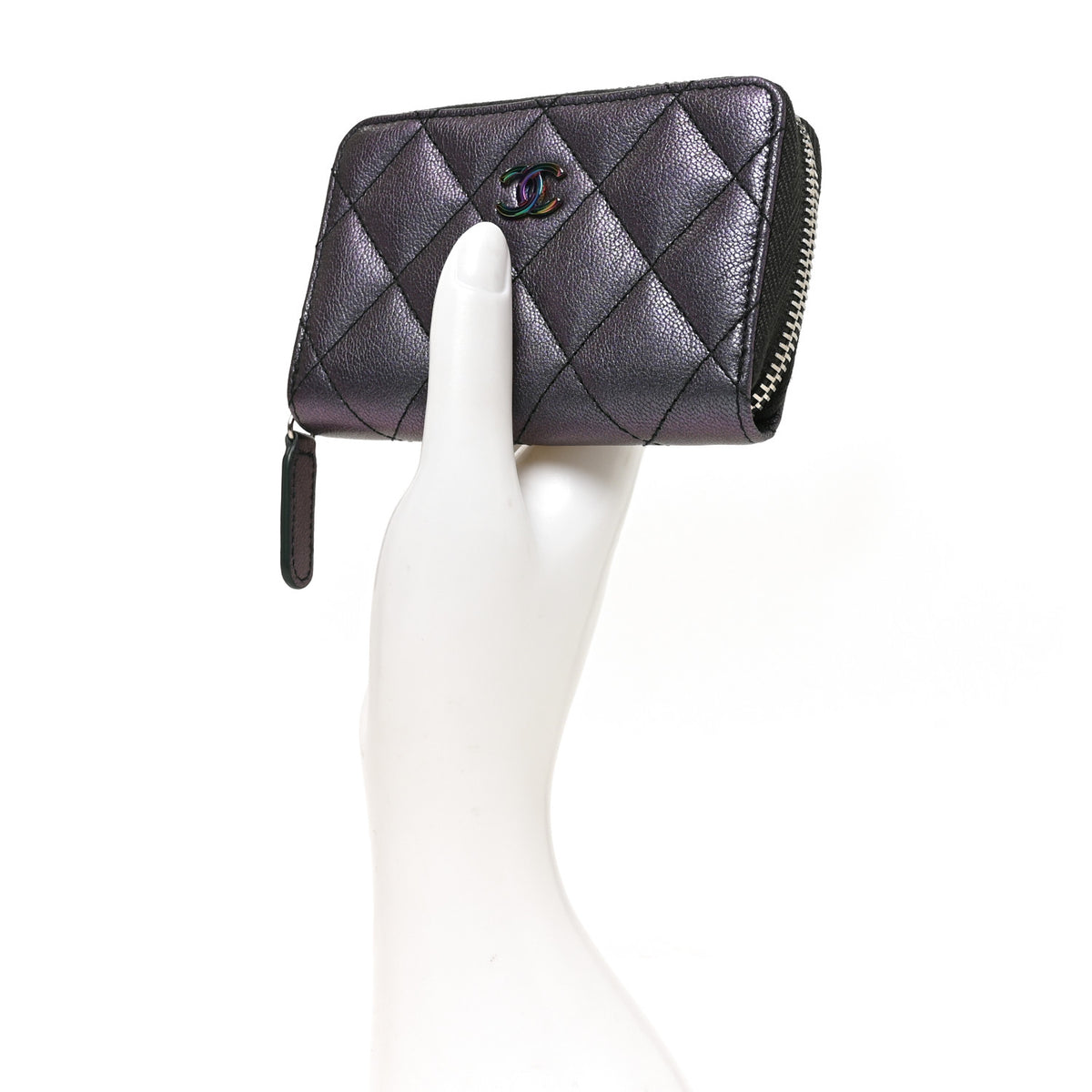 Iridescent Goatskin Quilted Zip Coin Purse Purple