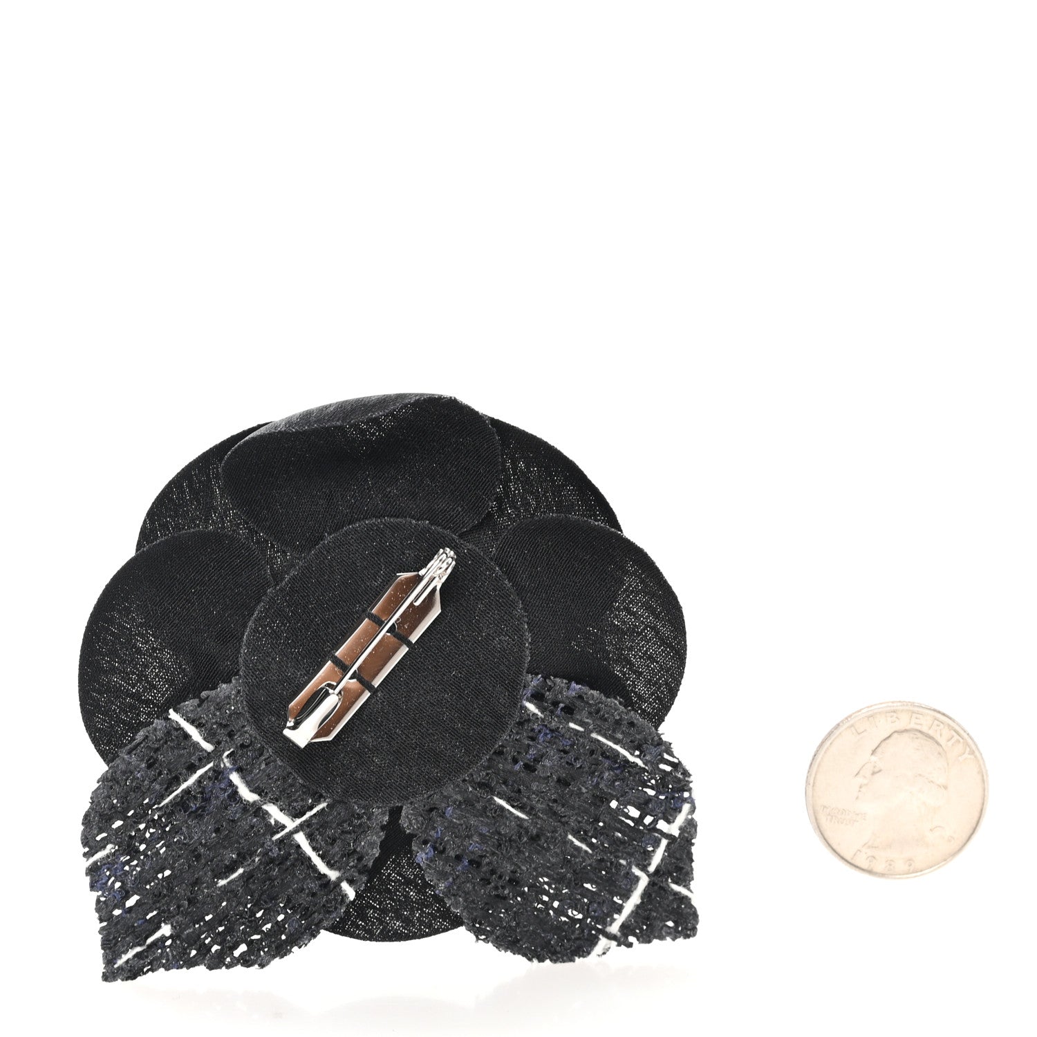 Chanel Tweed Fabric Camellia Pin Brooch Black 2 of 3