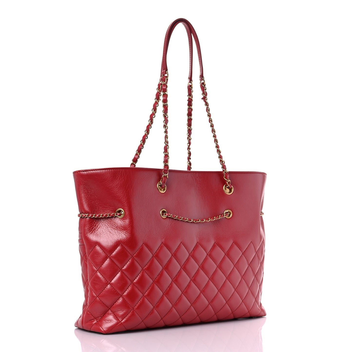 Aged Calfskin Quilted Drawstring Shopping Tote Red
