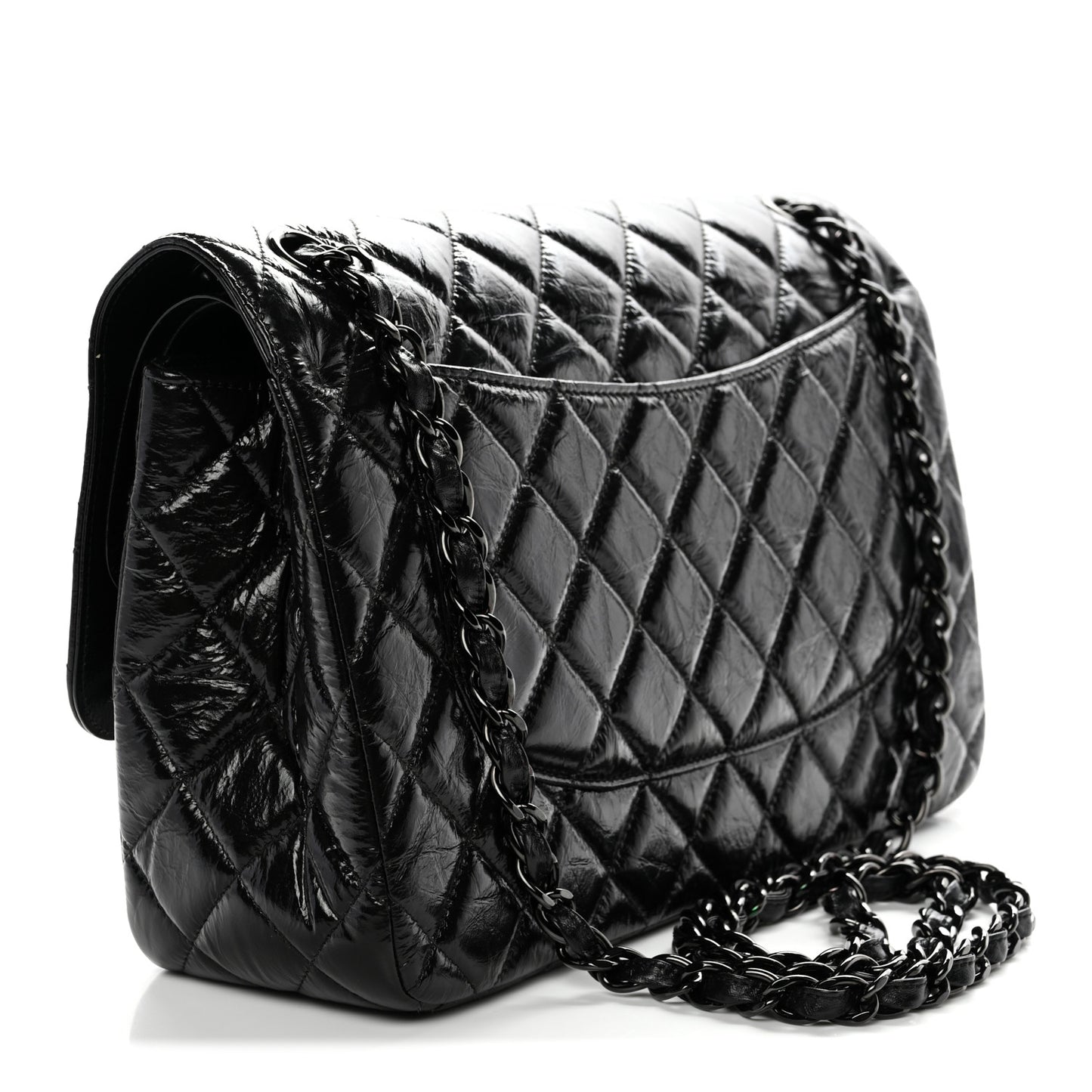 Shiny Distressed Calfskin Quilted Jumbo Double Flap So Black