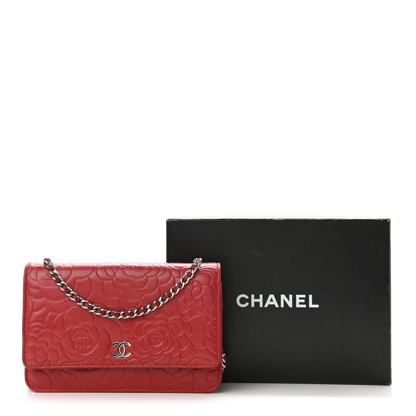 Lambskin Camellia Embossed Wallet On Chain WOC Red