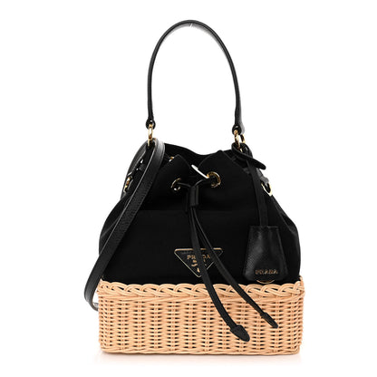 Prada Wicker Canvas Saffiano Bucket Bag Black 1 of 9