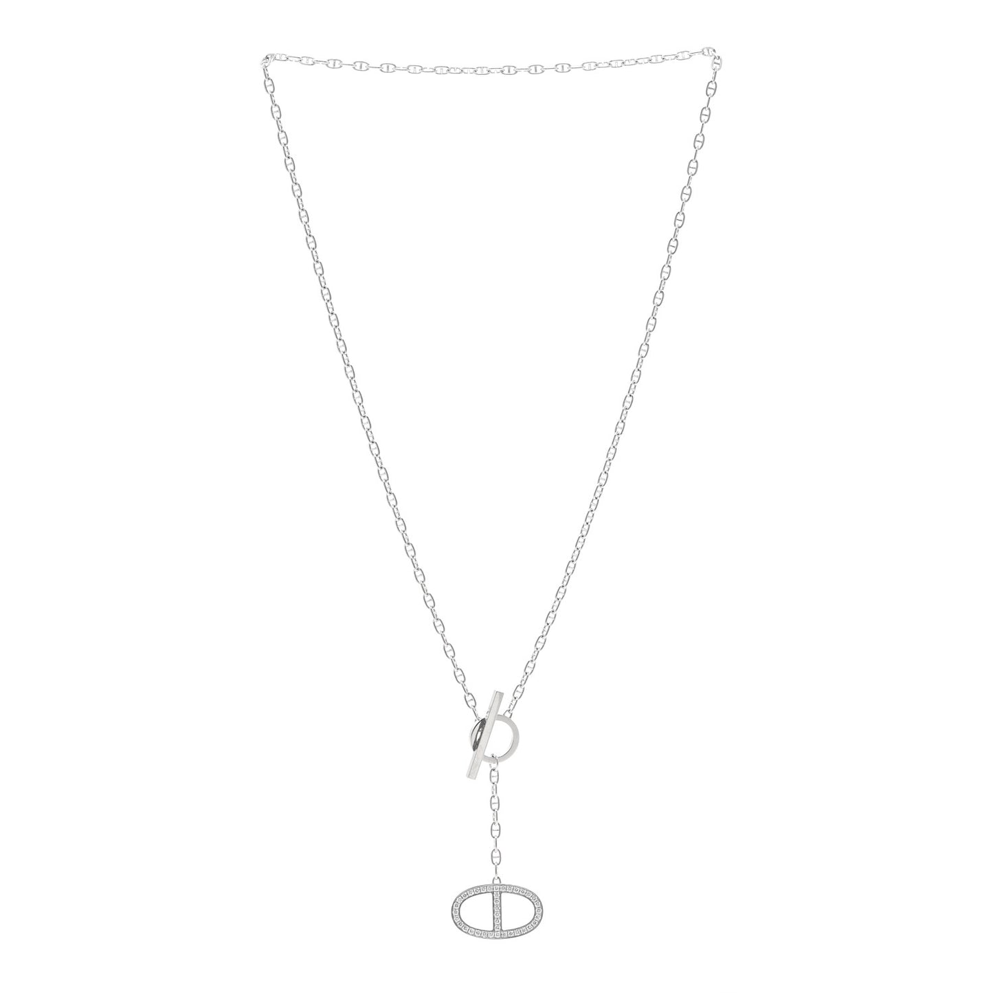 18K White Gold Diamond GM Chaine D'Ancre Contour Pendant Necklace ST