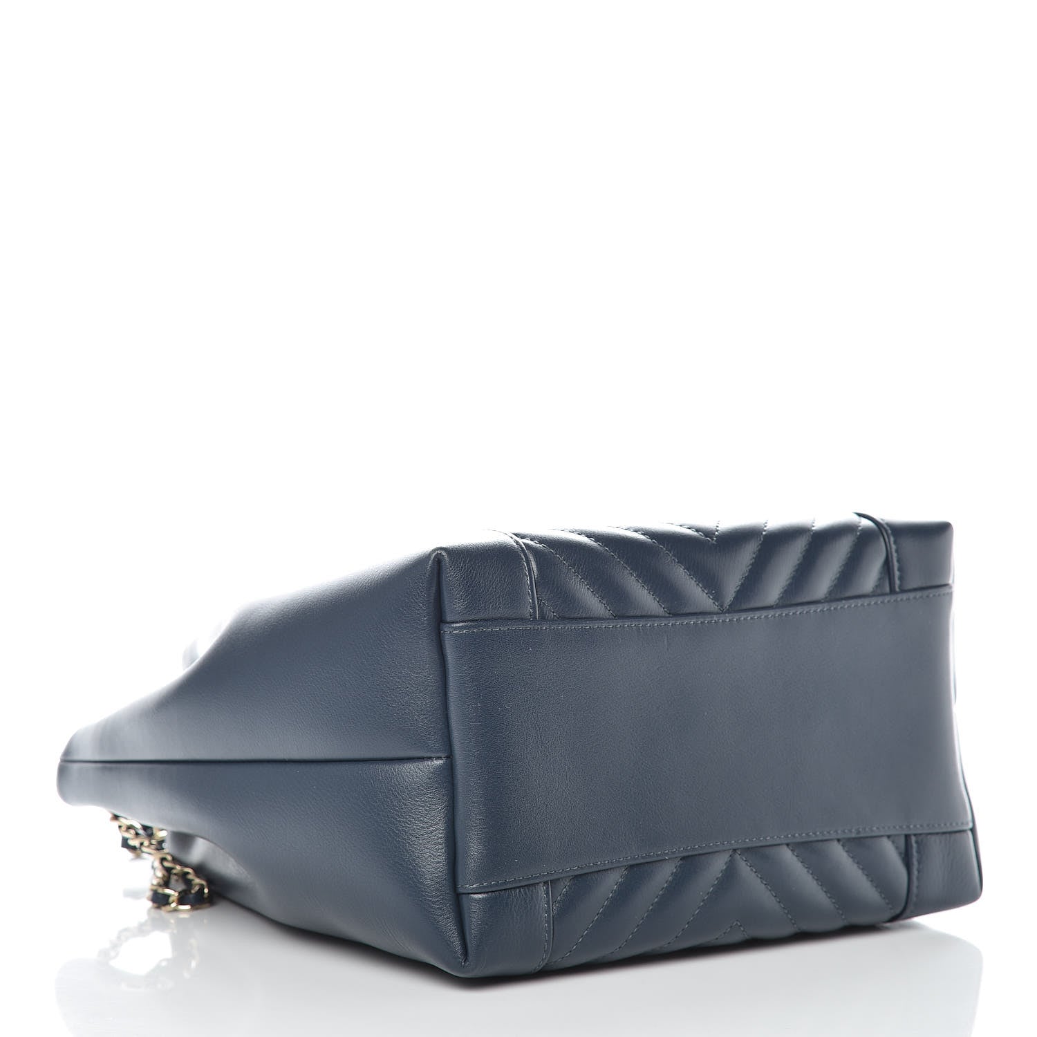 Chanel Calfskin Chevron CC Chain Bucket Drawstring Bag Navy Blue 4 of 9