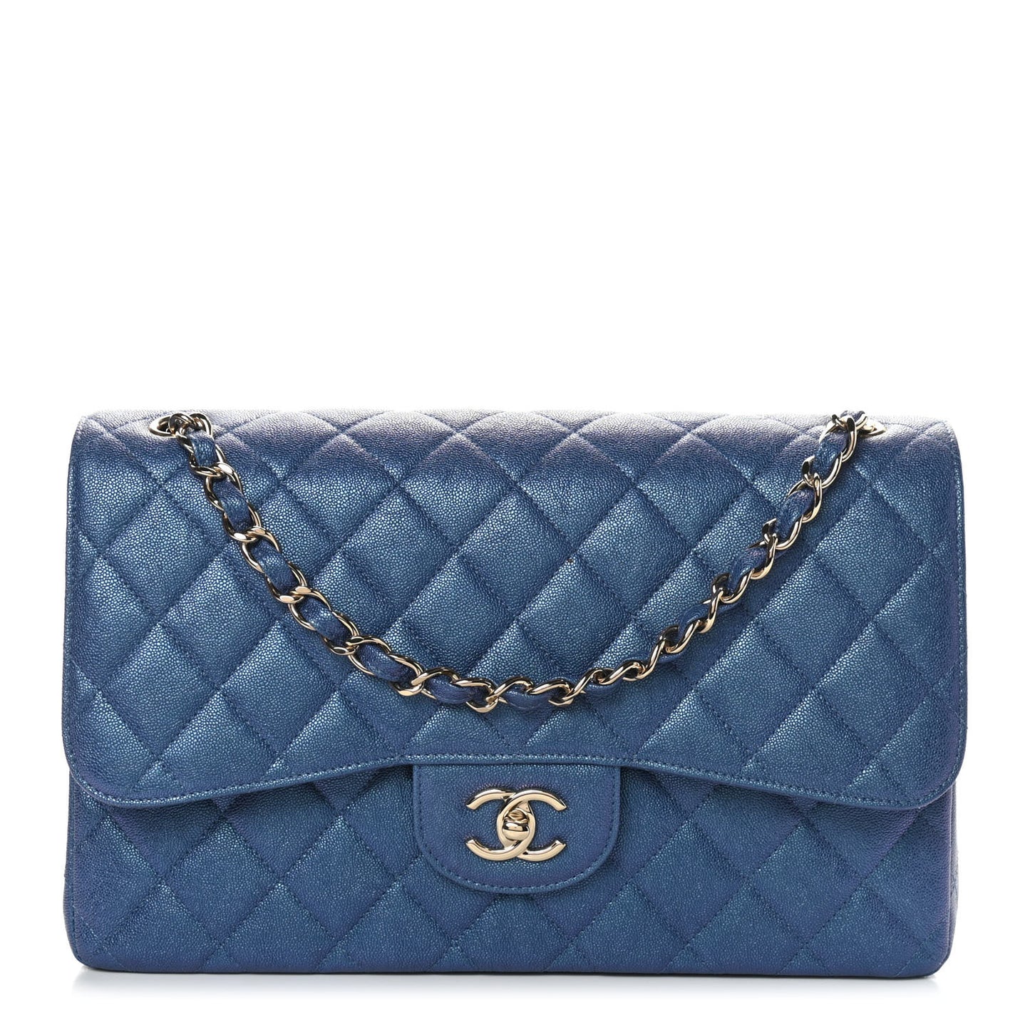 Iridescent Caviar Quilted Jumbo Double Flap Dark Blue