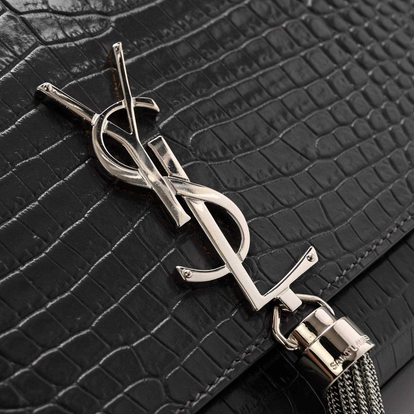 Calfskin Crocodile Embossed Medium Classic Monogram Kate Tassel Satchel Storm