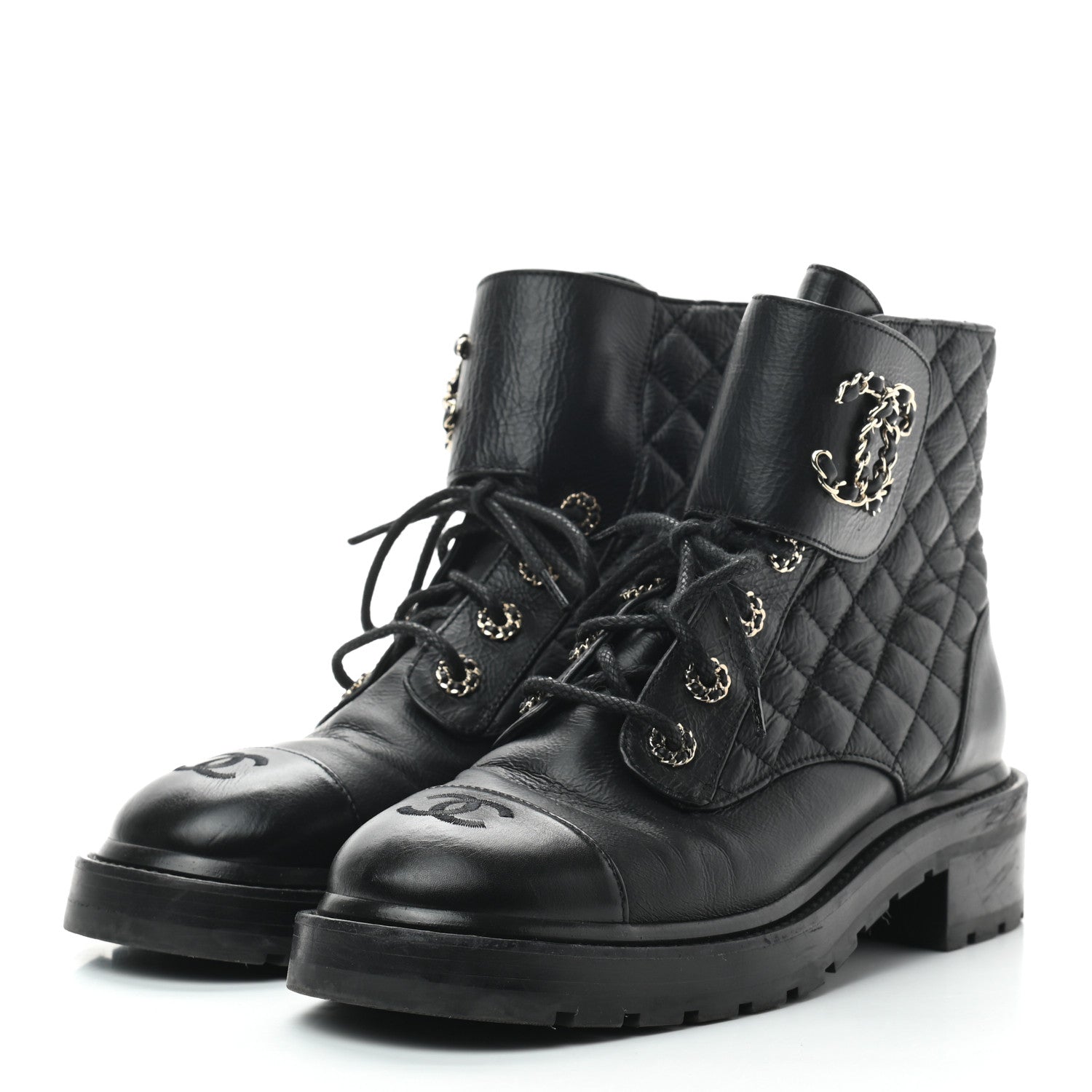 Chanel Shiny Goatskin Calfskin Quilted Lace Up Combat Boots 40 Black 2 of 7