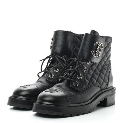 Chanel Shiny Goatskin Calfskin Quilted Lace Up Combat Boots 40 Black 2 of 7