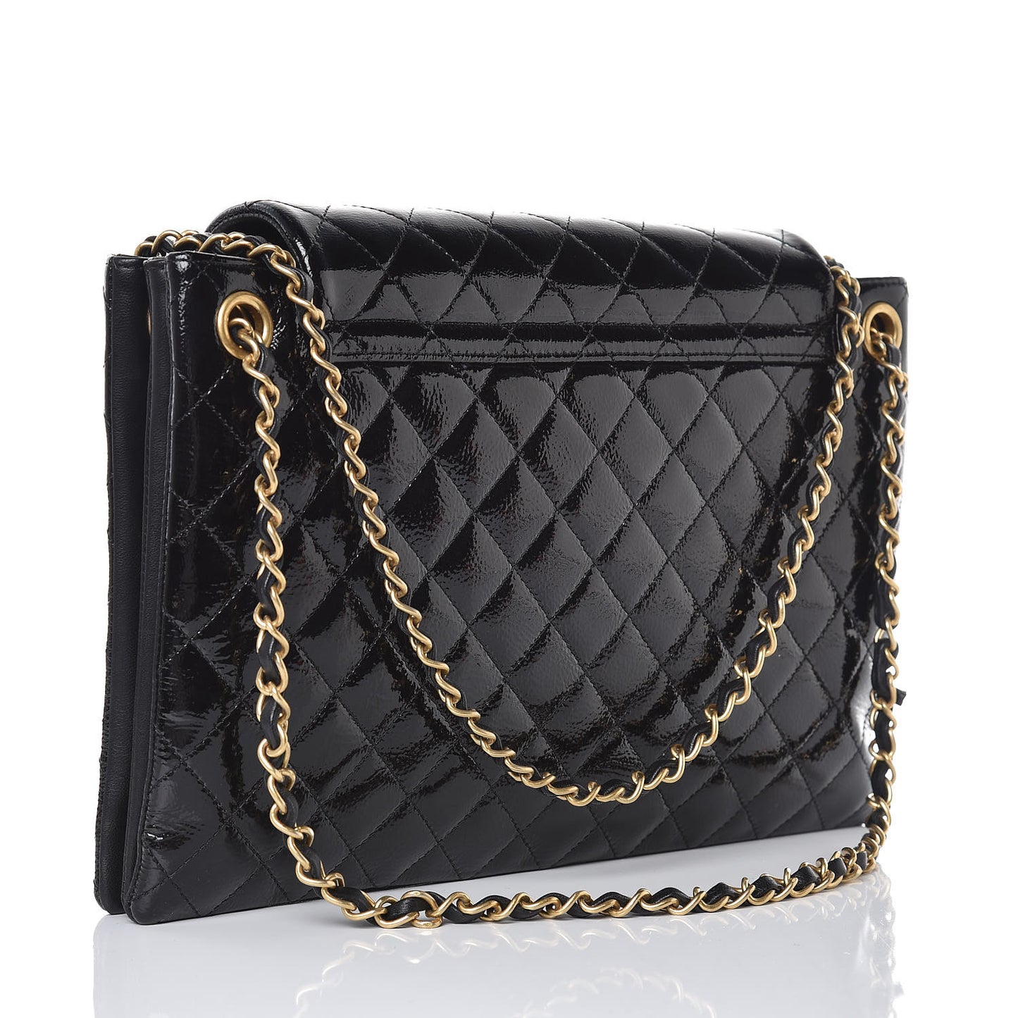 Patent Goatskin Quilted 3 Pocket Accordion Flap Black