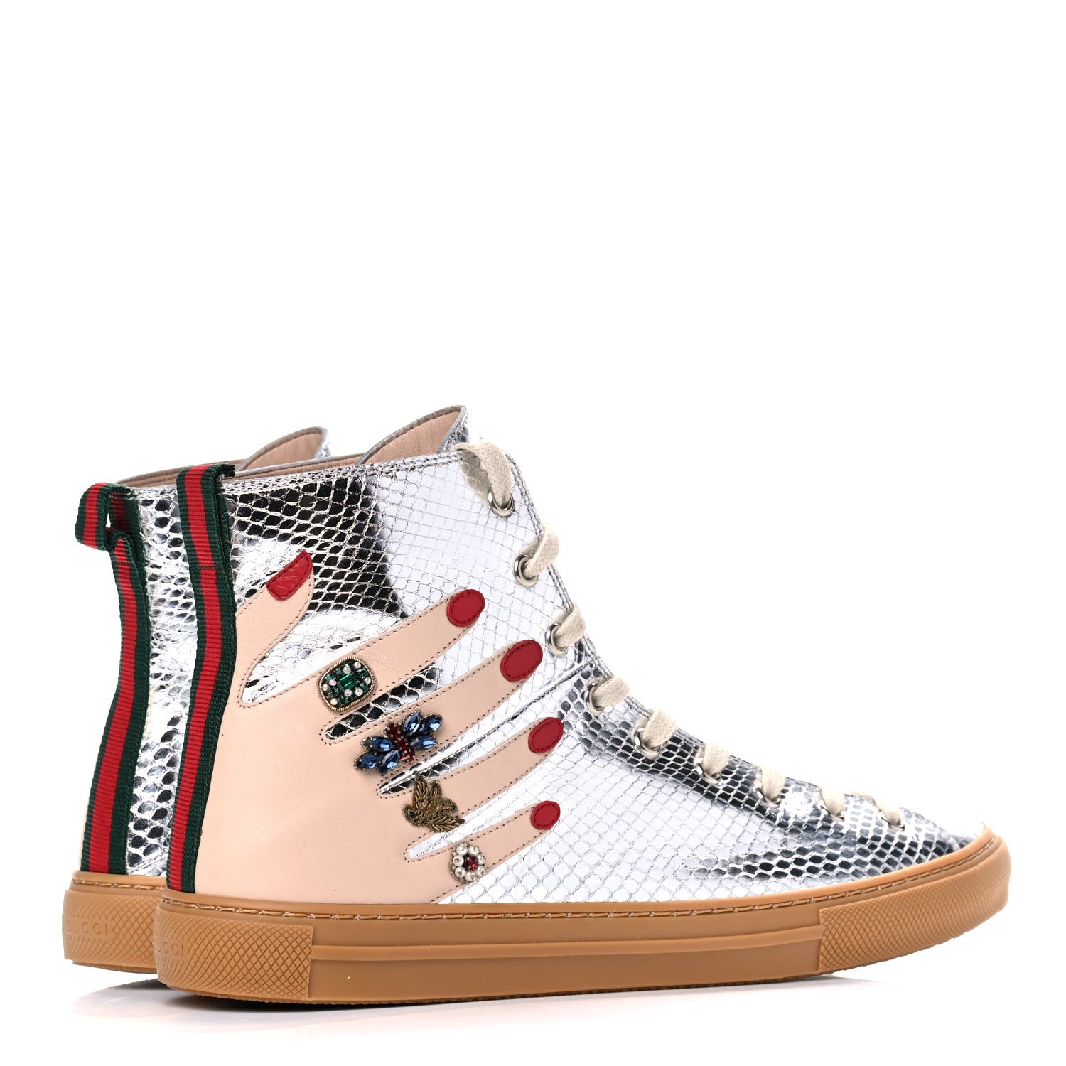 Gucci Calfskin Snake Embossed Embellished High Top Sneakers 41 Silver 5 of 12