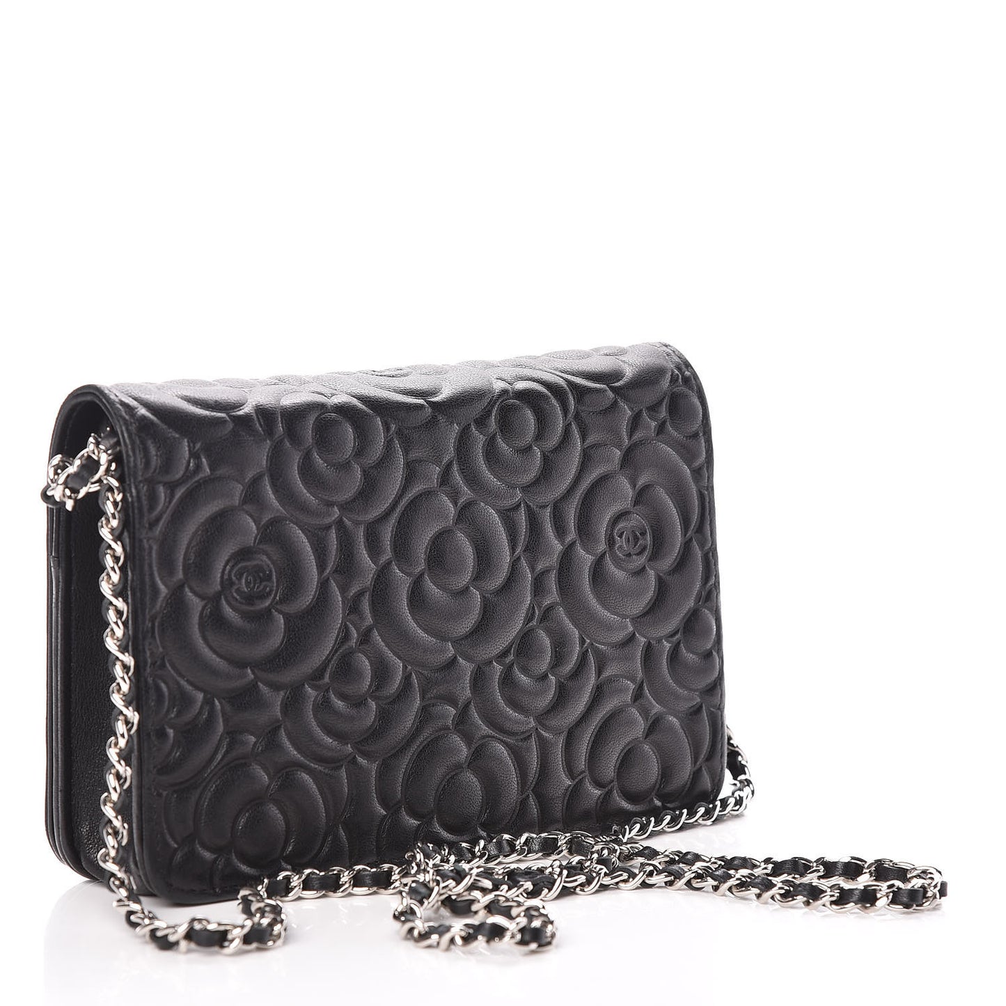 Lambskin Camellia Embossed Wallet On Chain WOC Black