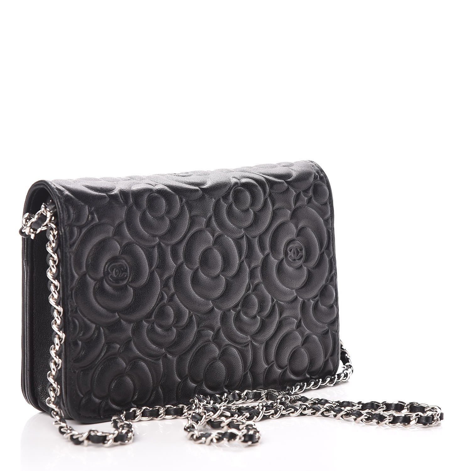 Chanel Lambskin Camellia Embossed Wallet On Chain WOC Black 4 of 19