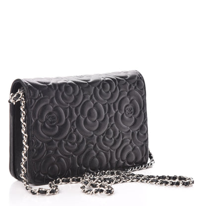 Chanel Lambskin Camellia Embossed Wallet On Chain WOC Black 4 of 19