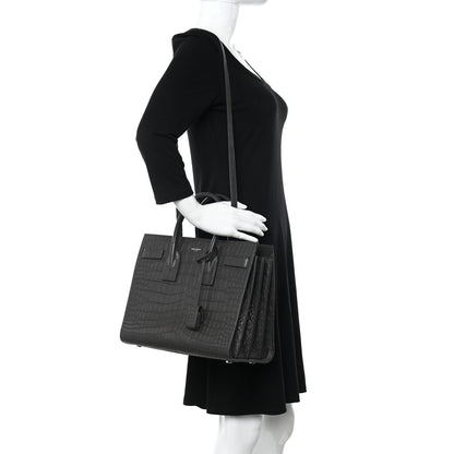 Saint Laurent Calfskin Crocodile Embossed Small Sac De Jour Coal 2 of 9