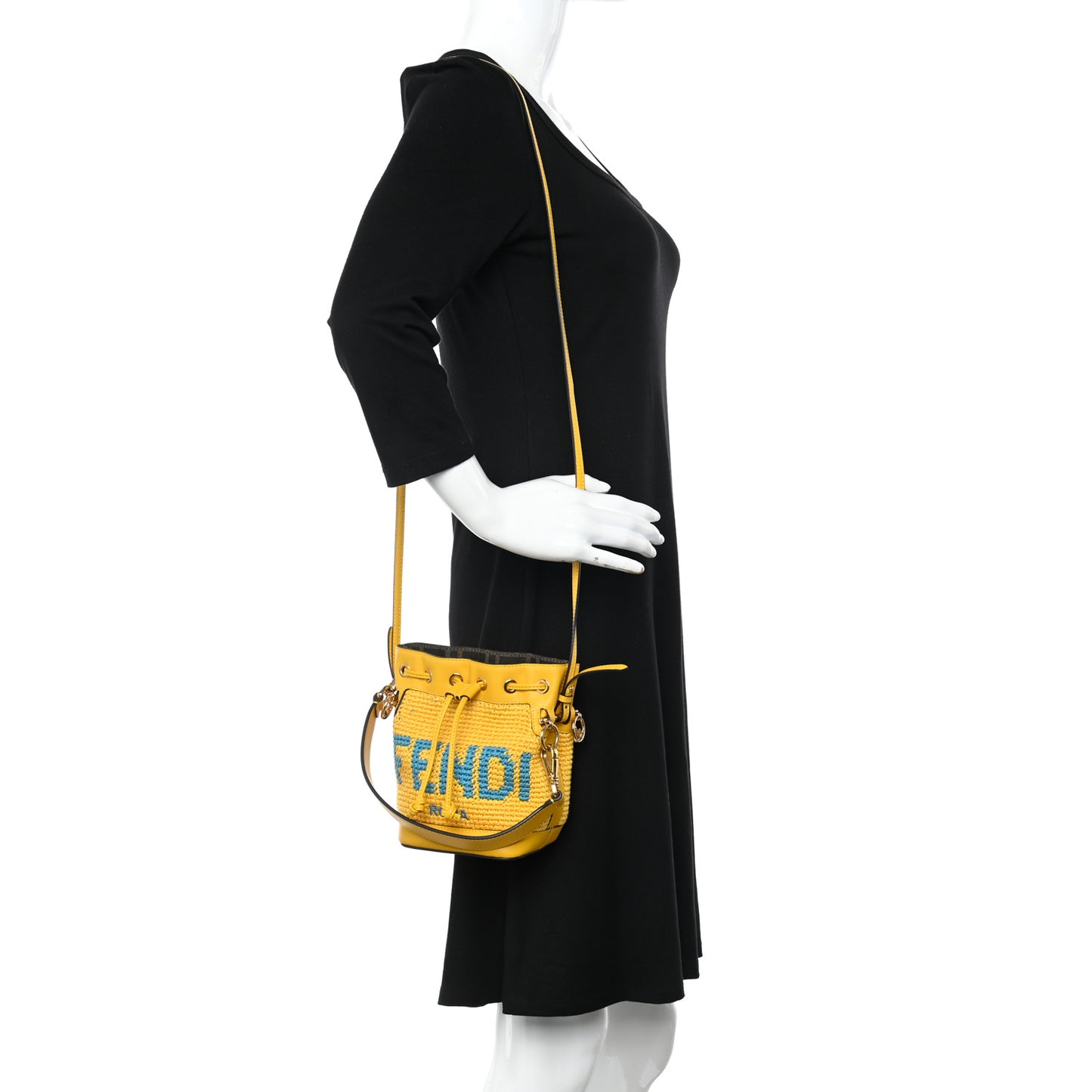 Crochet Vitello King F is Fendi Logo Woven Mini Mon Tresor Bucket Bag Mimosa Cyber Blue