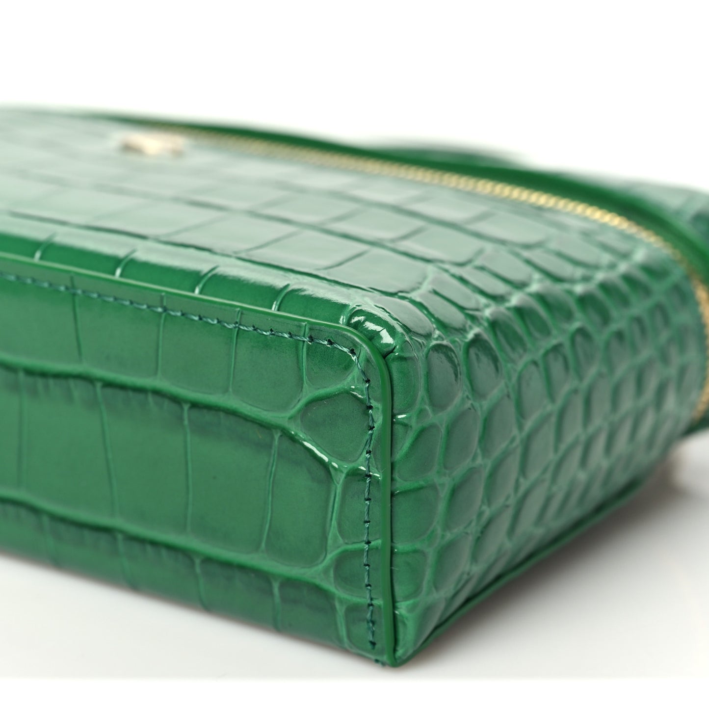 Calfskin Crocodile Embossed Crococo Top Handle Slim Vanity Case With Chain Emerald