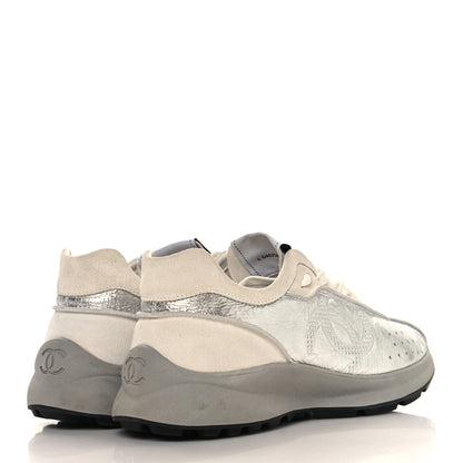 Chanel Laminated Calfskin Suede CC Sneakers 39.5 Silver Light Grey 5 of 9