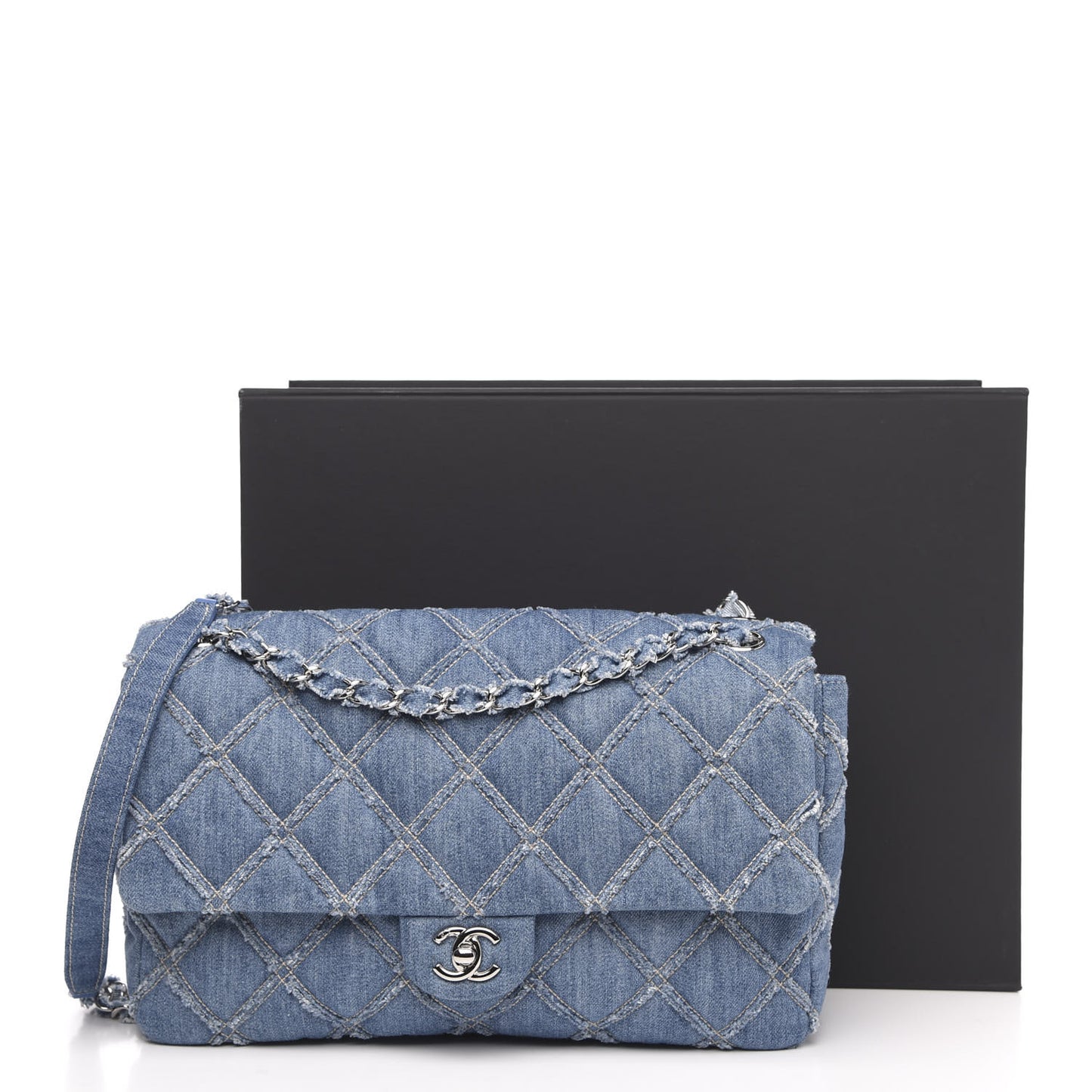 Frayed Denim Quilted Large Blue Chip Flap Blue