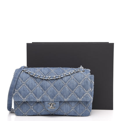 Chanel Frayed Denim Quilted Large Blue Chip Flap Blue 10 of 10