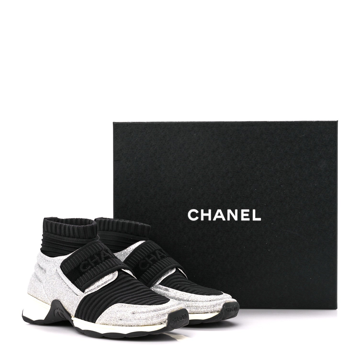 Chanel Glitter Stretch Fabric CC Sneakers 35 Black Silver 8 of 8