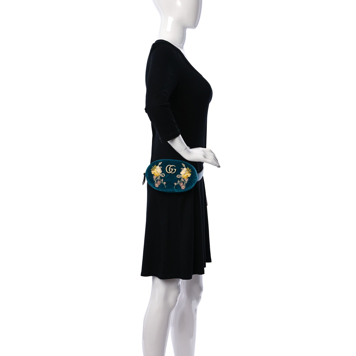 Gucci Velvet Matelasse Embroidered GG Marmont Belt Bag 85 34 Pavone Cyan 2 of 11
