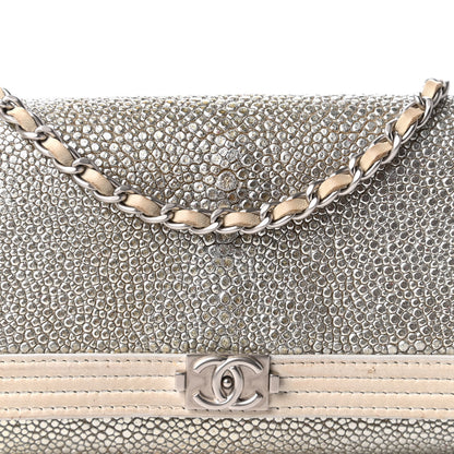Chanel Metallic Galuchat Stingray Lambskin Boy Wallet With Removable Chain Silver 10 of 12