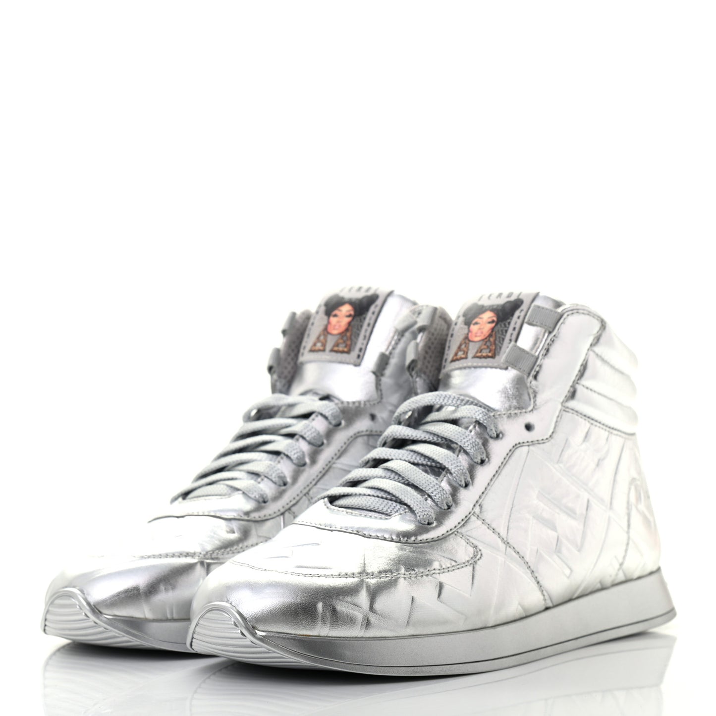 X NICKI MINAJ Metallic Nappa Macro FF Embossed Prints On High Top Sneakers 38 Silver