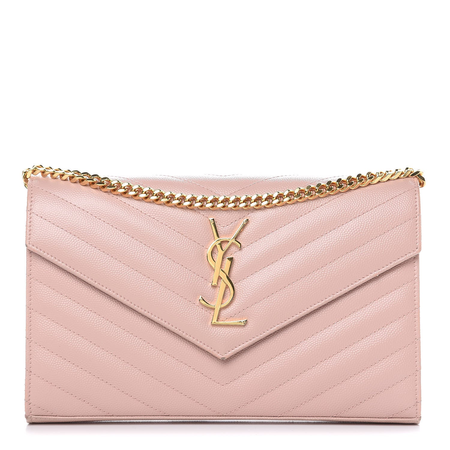 Saint Laurent Grain De Poudre Matelasse Chevron Monogram Chain Wallet Pale Pink 1 of 12