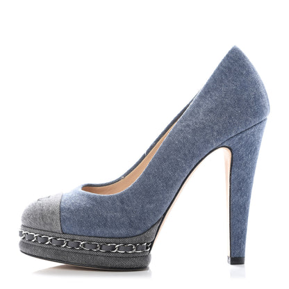 Chanel Denim Chain Around Cap Toe Platform Pumps 38 Blue Gris Fonce 1 of 11
