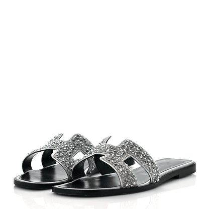Hermes Velvet Goatskin Crystal Beads Oran Sandals 37.5 Gris Argente 3 of 8