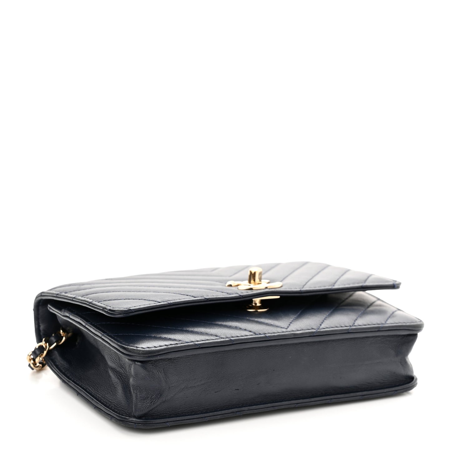 Lambskin Chevron Quilted Trendy CC Wallet On Chain WOC Dark Blue